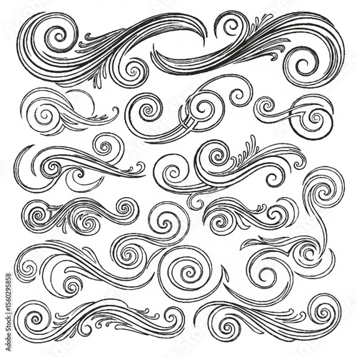 Collection of decorative swirls and flourishes, hand-drawn with intricate details and vintage style.