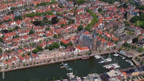 Aerial view of the old town of the city Harlingen in the Netherlands on a sunny day in summer