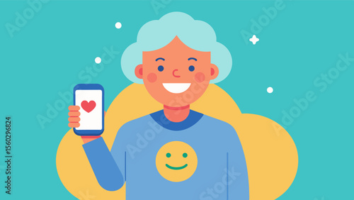 A person holding a phone and smiling with relief and gratitude representing the positive impact and emotional support provided by a dementia support hotline.. Vector illustration