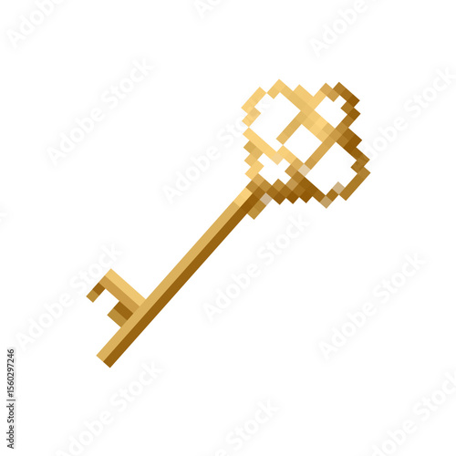 A pixel key icon in mosaic style featuring a heart shape. designed in a retro, 8 bit art motif.