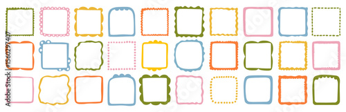 A collection of colorful hand-drawn square frames. Vector decorative borders for scrapbooking, greeting cards, invitations, photo albums, labels, posters, and creative design projects. 
