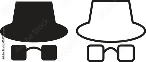 Set of spyware icons spy with hat symbol trendy black flat, line styles. Hide vectors. Comedian pictogram. Incognito mood illustration private silhouette collection isolated on transparent background.