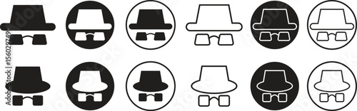 Set of spyware icons spy with hat symbol trendy black flat, line styles. Hide vectors. Comedian pictogram. Incognito mood illustration private silhouette collection isolated on transparent background.