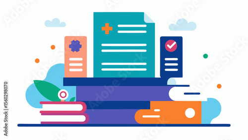 A stack of medical records containing neuropsychological test results written reports and treatment plans for a patient managing a mood disorder that affects cognitive functioning.. Vector