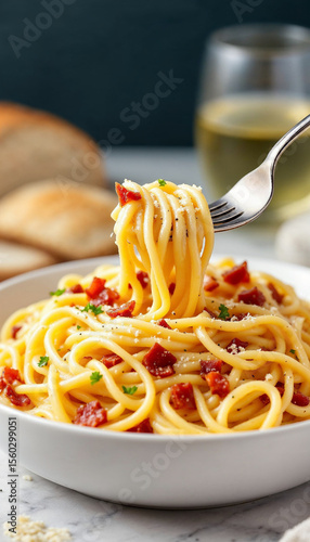 Creamy spaghetti carbonara on dark rustic background