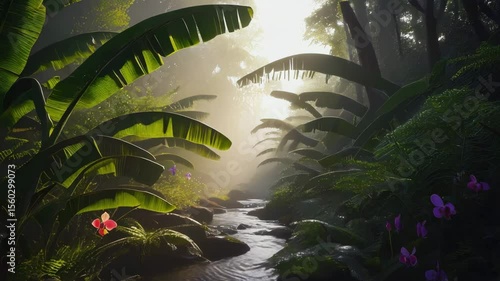Lush tropical rainforest with vibrant green leaves and a small stream. Sunlight filters through the trees, creating a serene atmosphere.