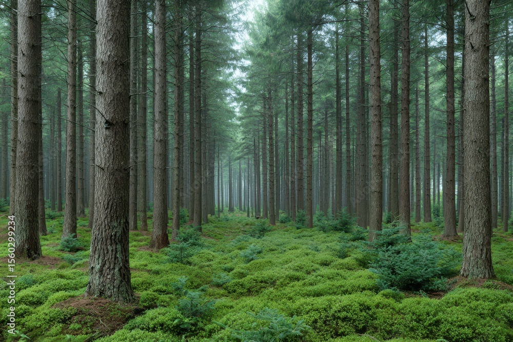 Obraz premium A serene evergreen forest with tall trees and a lush green carpet of moss and small saplings covering the ground