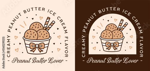 Peanut butter ice cream creamy nuts flavor nutty topping lover funny quotes girl shirt design. No churn homemade scoops in a cup with bow retro aesthetic printable illustration poster sticker label.