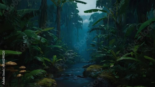 Lush tropical rainforest with dense vegetation and a winding stream. Misty atmosphere enhances the serene environment.