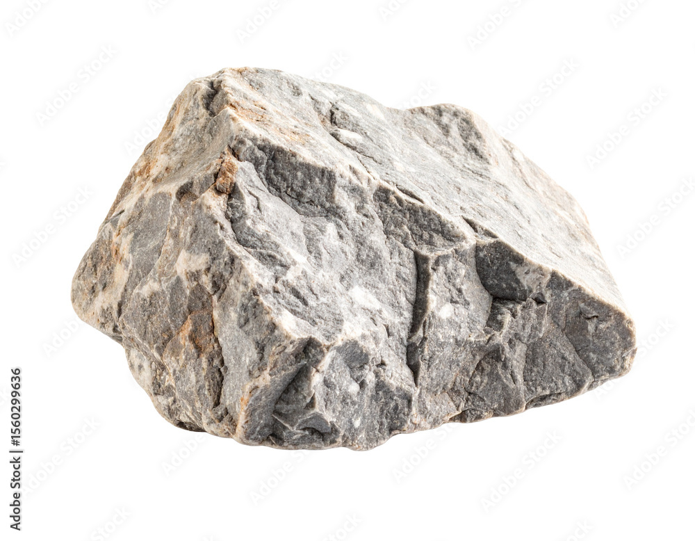 Obraz premium A rough, grey rock sample, isolated on a white background, representing geology, natural elements, or raw materials.