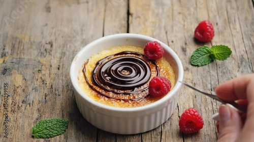 A close-up of a creamy dessert in a white ramekin. The dessert is topped with chocolate sauce and garnished with fresh raspberries and mint leaves. Wooden table background.