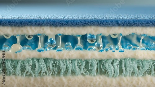 Absorbent pad close up showing foam, gel beads, fiber layers with water droplets highlighting detailed texture and moisture retention layered