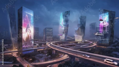 Futuristic cityscape with illuminated skyscrapers and elevated highways. Night scene with vibrant digital billboards and flying vehicles.