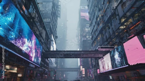 A futuristic urban scene with tall buildings and digital billboards. A monorail crosses above a busy street in a foggy atmosphere.