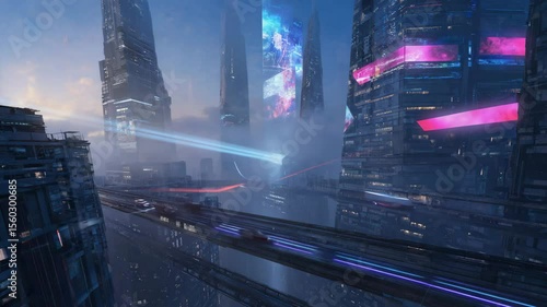 Futuristic cityscape with tall skyscrapers, neon lights, and a high-speed train traveling on elevated tracks. The scene is shrouded in mist, creating a sci-fi atmosphere.