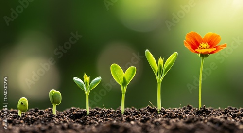 A sequence of green plants growing from small seeds in soil, illustrating growth, development and nature's life cycle.
