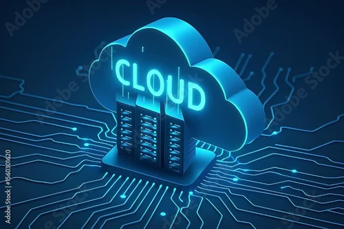 3D Cloud Computing Concept with Server Racks and Glowing Circuit Lines – Futuristic Technology Illustration for Data Storage, Cloud Services, AI Infrastructure, and Digital Network Solutions