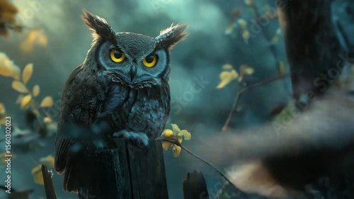 A great horned owl perched on a wooden post in a misty forest. The owl has striking yellow eyes and a mottled gray-brown plumage.