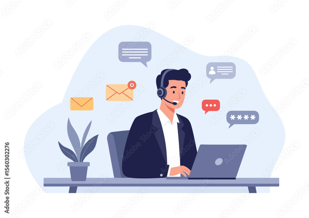 Businessman working on a laptop, a business concept illustration Businessman working on a laptop, a business concept illustration