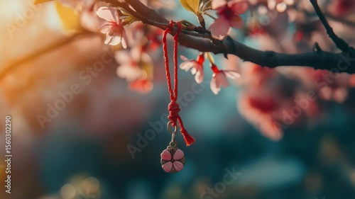 A close-up of a cherry blossom branch with delicate pink flowers and a red charm hanging from it. The background is softly blurred, creating a serene atmosphere.