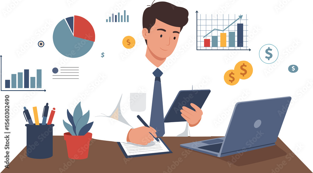 Businessman works on a laptop with a chart, illustrating the concept of business success and technology in the office Businessman works on a laptop with a chart, illustrating the concept of business success and technology in the office