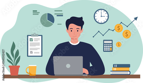 Businessman and woman working on computers at office desks