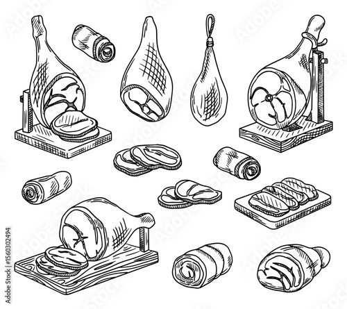 Vector set of meat pieces. Meat on a board, meat rolls, jerky. Jamon, pork