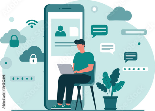 Businessman uses mobile phone, laptop, and tablet for internet communication, social network, and cloud technology concepts