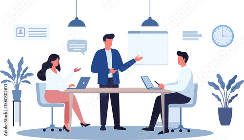 Smiling business people and a businesswoman in an office meeting presentation with a laptop, vector illustration of workers on the job