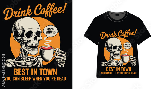 Skeleton drinking coffee design on a black t shirt illustration