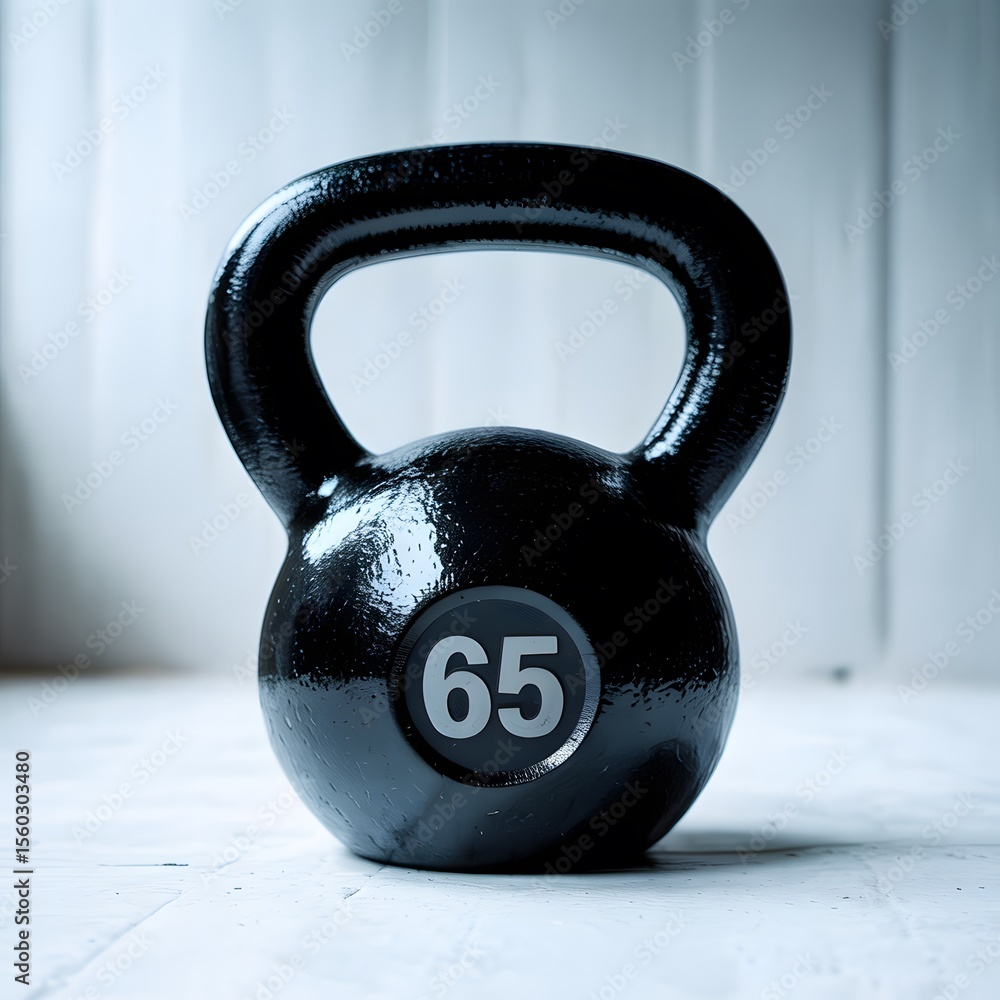 Fototapeta premium The sleek, black kettlebell, boldly displaying '65' on its side, sits ready on a textured floor, hinting at strength training and fitness challenges ahead.