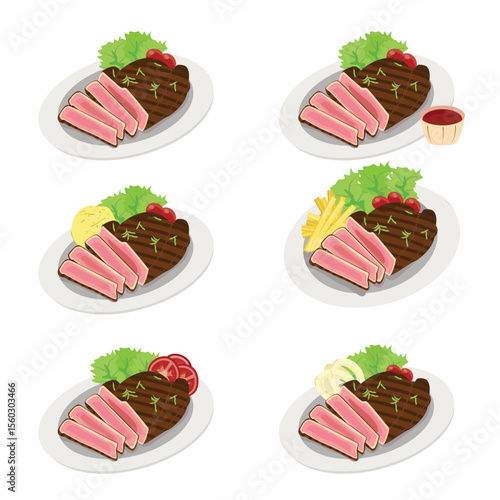 Culinary Creations: A vibrant illustration showcases an array of plated dishes, each featuring a succulent steak, complemented by diverse garnishes.