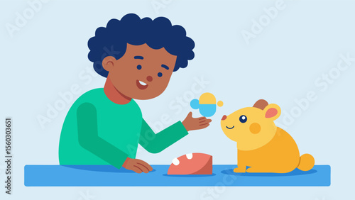 A child on the autism spectrum playing with a therapy hamster using the tactile experience as a way to improve their sensory processing and promote healthy brain development.. Vector illustration