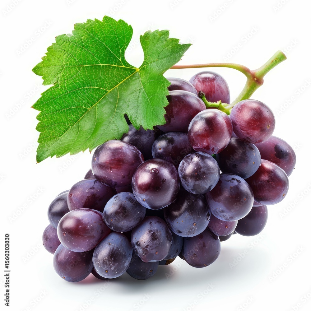 Fototapeta premium Bunch of fresh red grapes with a leaf, isolated on a white background