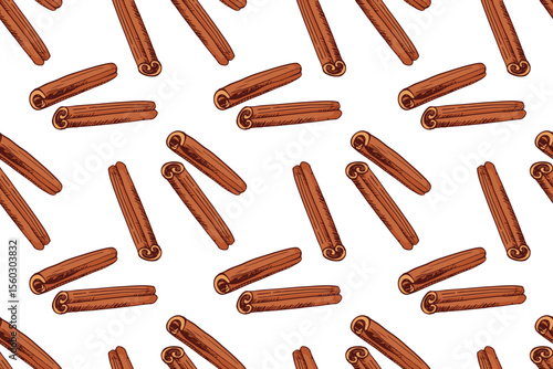 Seamless Cinnamon pattern. Color Hand drawn vector spices cinnamon sticks. Medicinal, cosmetic, culinary plants. Repeated background for wallpaper, wrapping, packing, textile, scrapbooking. Baking.