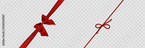 Set of decorative platinum string bow with horizontal thin rope isolated on white background. Vector twine with a bow