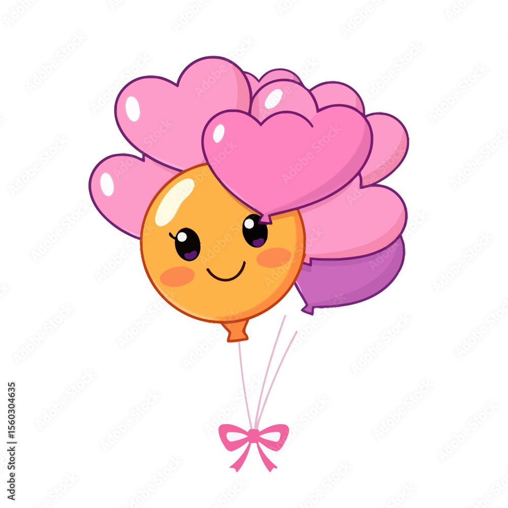 Obraz premium Cute kawaii orange balloon character with pink hearts isolated on white background