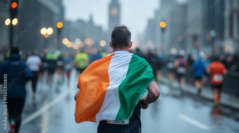Fototapeta premium Irish flag featured as a cape worn by a marathon runner during a Dublin race