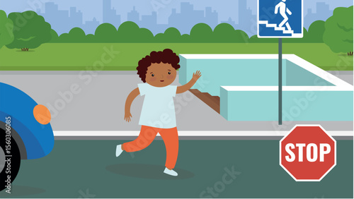 Little girl crosses the road at the crosswalk. Vector illustration.