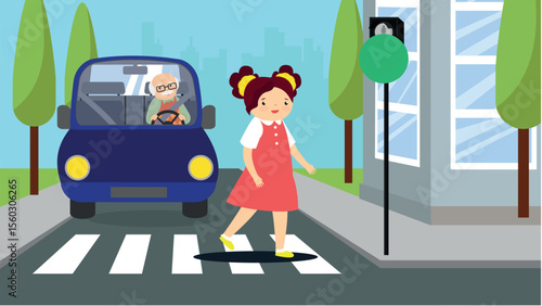 Girl crossing the road with a car in the background, vector illustration