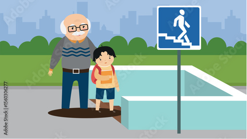 grandfather and grandson in the park with traffic sign vector illustration design