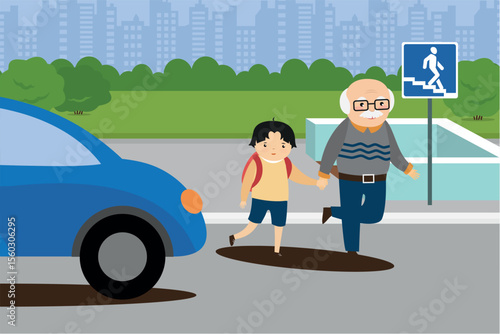 Grandfather and grandson crossing the street. Flat design vector illustration.