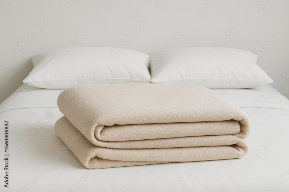 Obraz premium soft beige blanket neatly folded on a clean white bed with two pillows in a minimalist, cozy bedroom interior concept