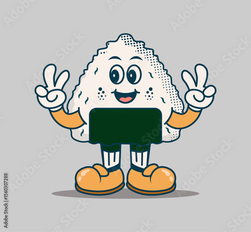 cute onigiri mascot cartoon character in retro style. fun, cheerful, and playful illustration perfect for japanese food or kawaii themed designs
