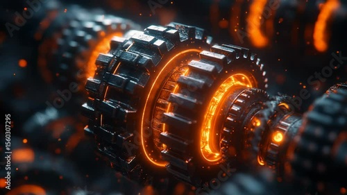 Abstract industrial gears with glowing orange accents.