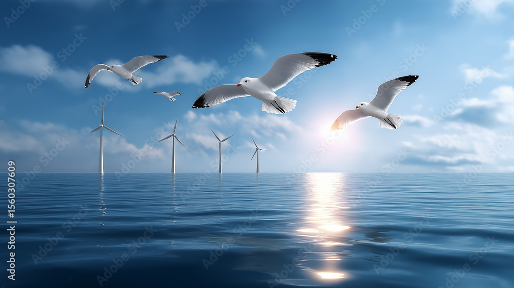 Obraz premium Seagulls glide over an offshore wind farm while sunlight dances on the ocean waves. Wide-angle perspective captures tranquil atmosphere