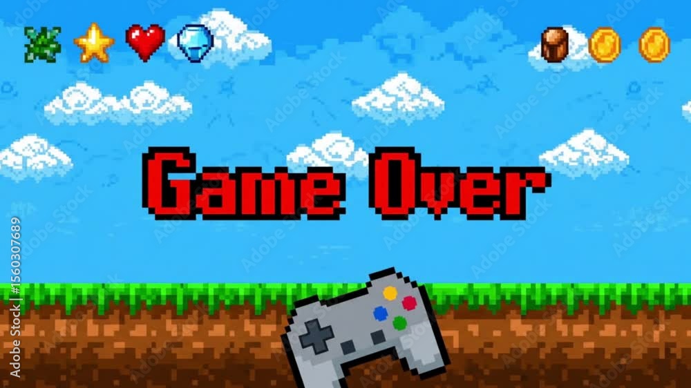 Classic Pixel Art Game Over Screen with Retro Controller and Arcade UI ...