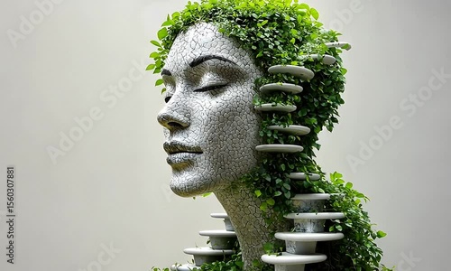Stone head with green plants