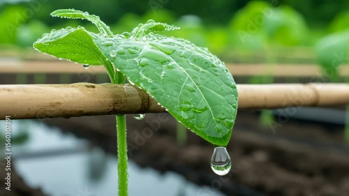 Young plant leaf with water droplets