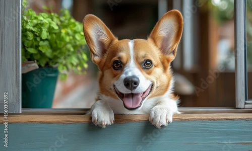 Happy dog looking out window